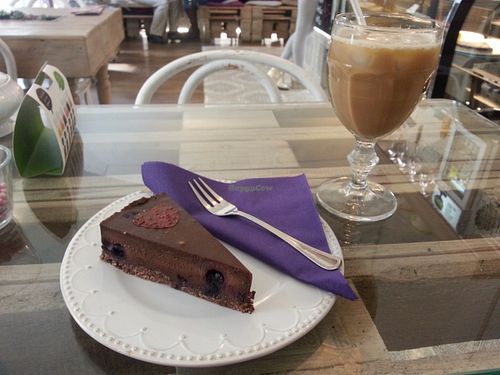 Chocolate cake and ice coffee at Sweet Secret of Raw in Prague