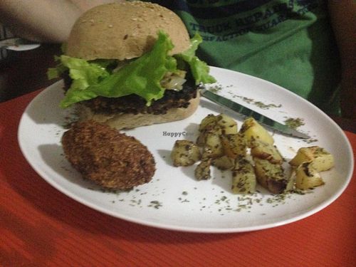 Soy burguer and baked potatoes. at Barao Natural - B3 in Sao Paulo