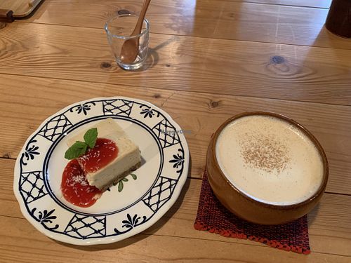 Vegan lemon yogurt cheesecake and soy chai at Phalam Cafe in Kyoto