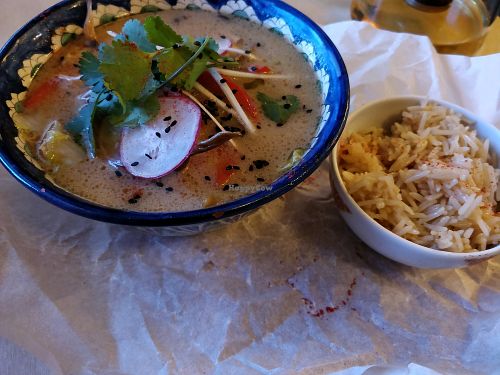 Tom yam soup with rice at Veggie Bro in Vladimir