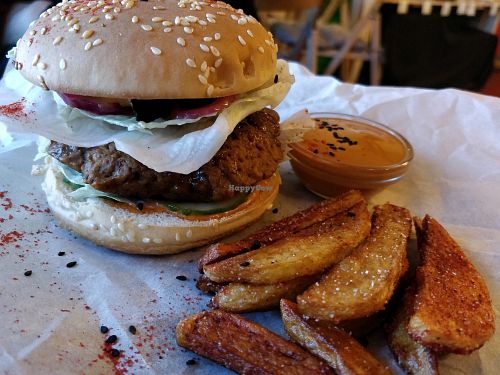 seitan burger with fries at Veggie Bro in Vladimir