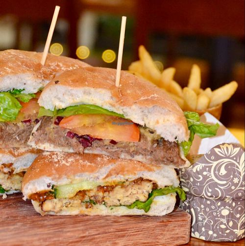 Beetroot hummus & satay tempeh burgers at nomVnom Bistro - Clarke Quay in Central Singapore