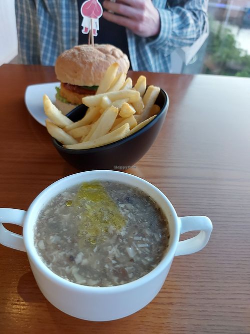 Mushroom soup, fries, Assam satay chickless burger at nomVnom Bistro - Clarke Quay in Central Singapore