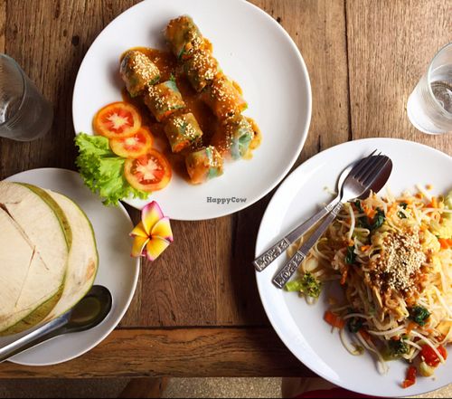 Fresh Coconut, spring Rolls and Pad Thai at La Carotte Qui Rit in Koh Tao