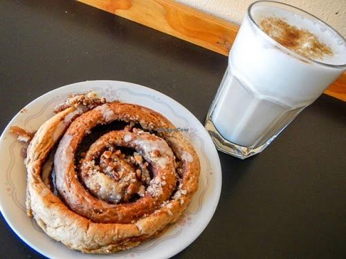 cinnamon roll and chai with vanilla soy milk at Mother Fool's Coffeehouse in Madison