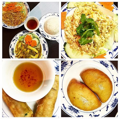 imitation chicken curry, tofu salad, spring rolls and crescent rolls.  at Trang Viet Cuisine in Tampa
