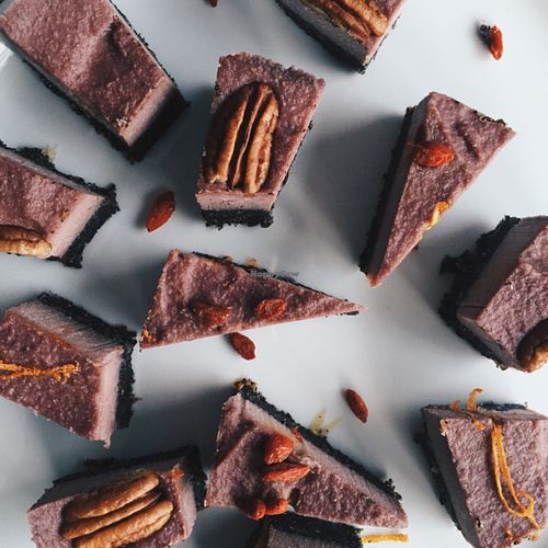 Raw raspberry-cashew cheesecake on poppyseed base   at Barkett in Berlin