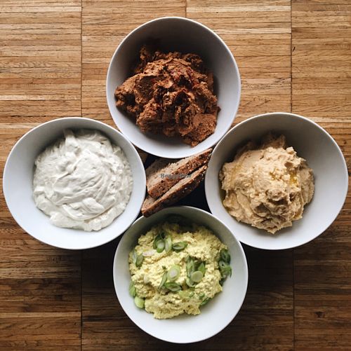 homemade vegan cream, vegan 'egg' paste, hummus and pesto (during the Sunday brunch) at Barkett in Berlin