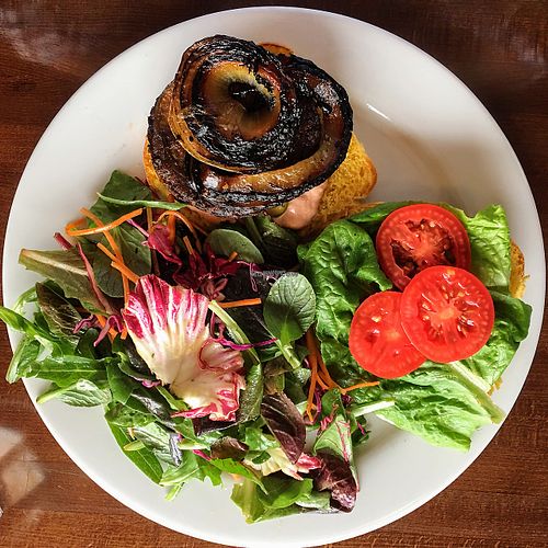 Burger and Simple Salad at Veganized in New Brunswick