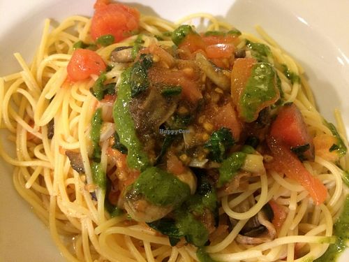 Spaghettis (the past contains no eggs) with mushrooms and other veggies. Totally vegan.  at Mercadante Specialites Siciliennes in Nimes