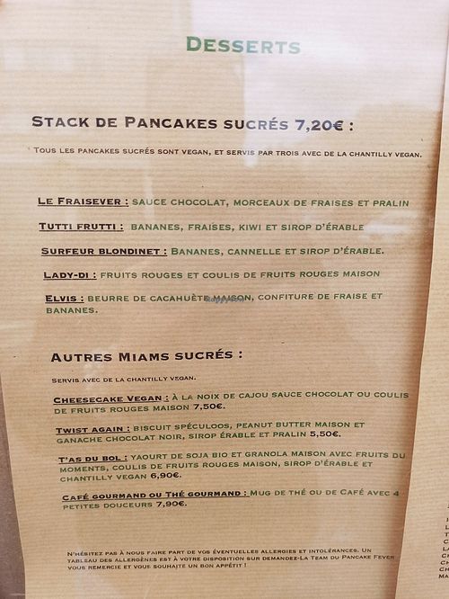 Menu 2024 at Pancake Fever in Caen
