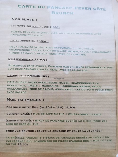 Menu 2024 at Pancake Fever in Caen