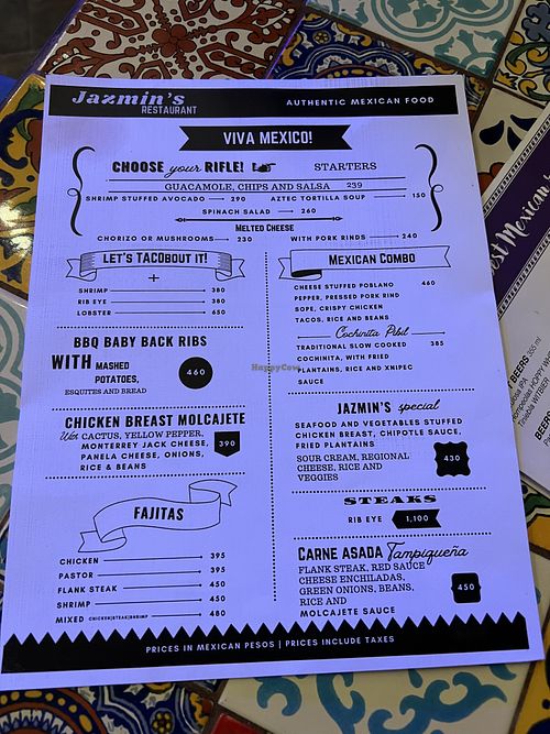 Menu. As you can see, veggie fajitas is not listed under the fajita section. You have to ask for it.  at Jazmin in San Jose Del Cabo