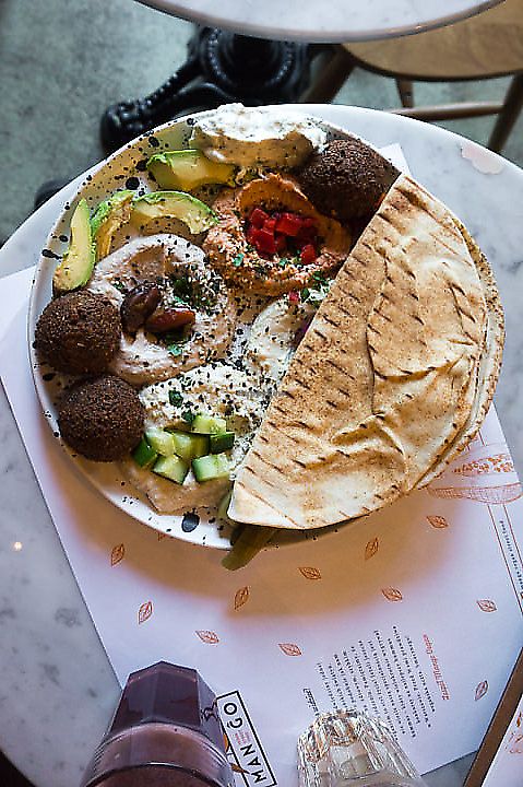 falafel, hummus, pita platter.  at Mango Vegan Street Food - Bracka in Warsaw