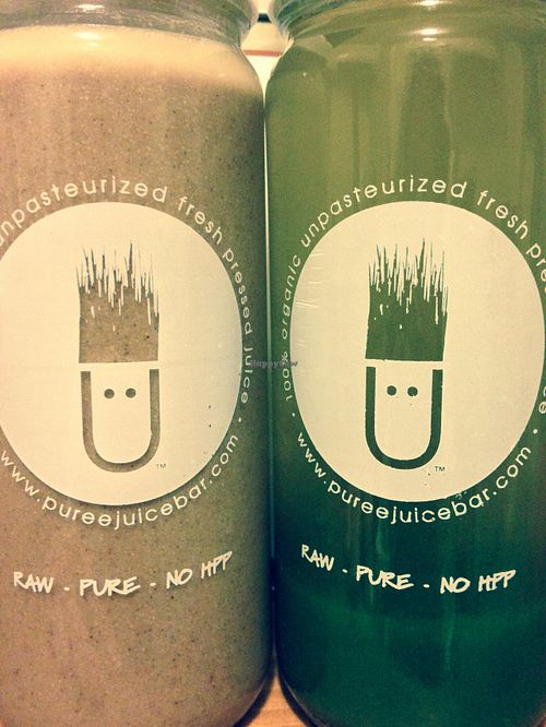 Choco maca cashew mylk and green lemon-aid at Puree Juice Bar in Washington