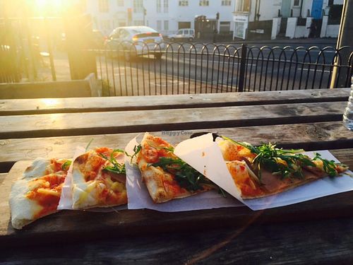 'No Meat' vegan pizza, with mock ham and bacon. at Pizza Me in Brighton