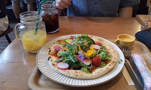 fresh vegetables pizza at Sekai Cafe - Asakusa in Tokyo