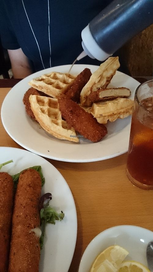 Vegan mozzarella sticks & Vegan Chicken ? & Waffles  at Chef Reeky's in Chester