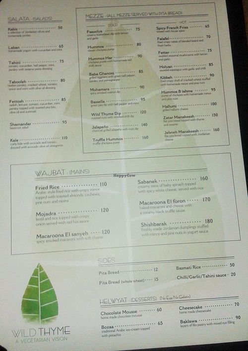 Menu at Wild Thyme in Kowloon