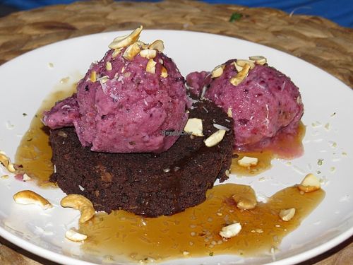 Brownie with sorbet (Jamaican menu dessert) at Amaluna Restaurant & Lab in Punta Cana