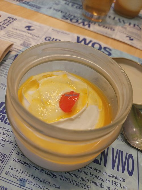 Menu of the day / dessert / mango 🥭 mousse (vegan) at Yerbabuena - Bordadores in Madrid