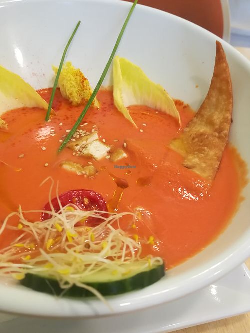 Gaspacho with homemade wheat tortillas, fresh veggies at Yerbabuena - Bordadores in Madrid