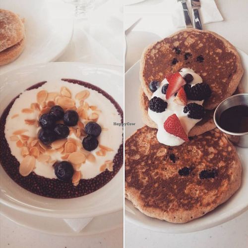 Greek yogurt bowl and quinoa pancakes! at LYFE Kitchen in Lone Tree