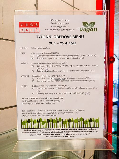 Menu of the week at Veg8 Cafe at Veg8 Cafe in Brno