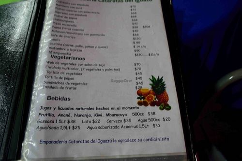 The menu with the vegetarian section, from there the Wok and the 'ensalada multicolor' are vegan, just ensure when going for the ensalada, that no mayonnaise is added, but if that's the case, it is usually served aside, not mixed with the salad. at Empanaderia Cataratas del Iguazu in Puerto Iguazu