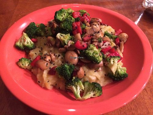 mushrooms, broccoli, red peppers on mashed potatoes.  at Siembra in Lima