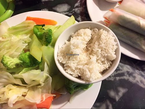 steamed veggies and veggie spring rolls at Tinh Tam Quan - Buddha Belly in Cat Ba