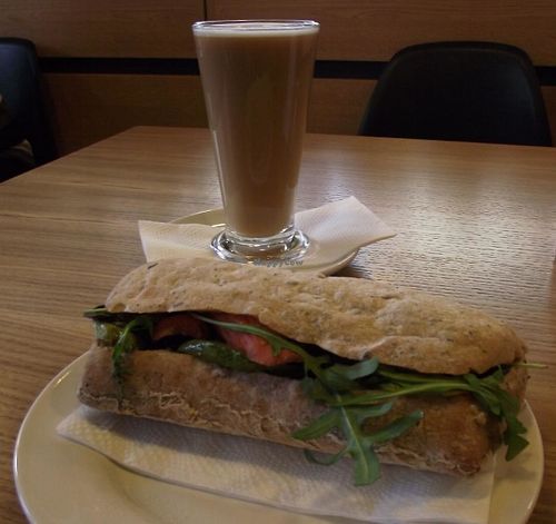 Vegan sandwich and cafe latte - vegan at Green Deli Cafe - Rakovski in Sofia