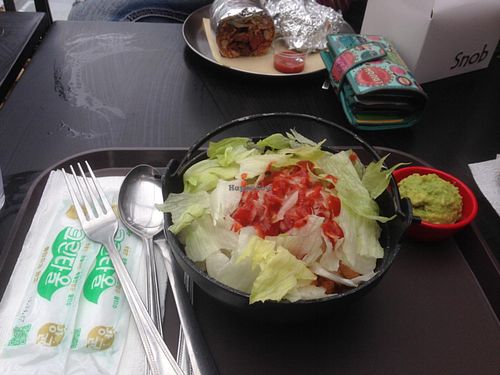 Mucho Burrito Bowl - Tofu with Guacomole (tofu, beans, and rice are hidden beneath) at Gusto Taco 구스토 타코 in Seoul