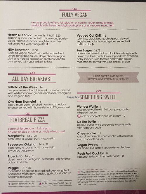 Vegan menu at Play Urban Cafe at White Oaks in Niagara-on-the-lake