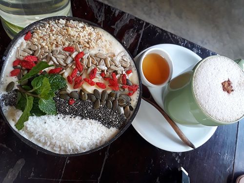 Sunrise bowl and cappucino at Karma Kafe in Koh Phangan