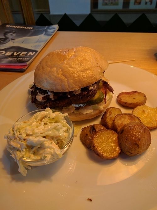 Soy bean burger with coleslaw and fried potatoes.  at Plevel - Jindrisska in Prague