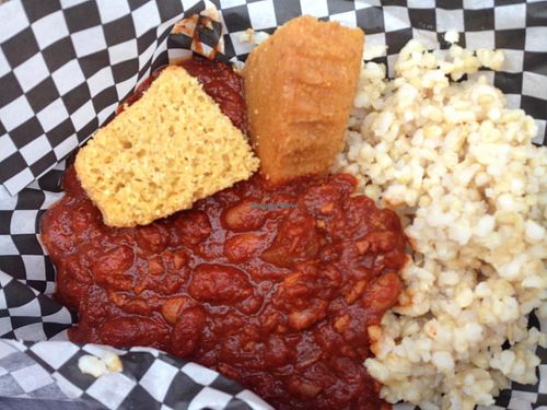 Chili, rice, and corn bread at Star Truck - Food Truck in Ithaca