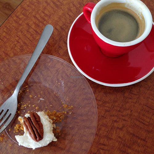 Gingersnap and pecan mini cheesecake with a Flying Crow Coffee espresso shot. at Polka Dot Fox Coffee and Micro-Bakery in Joplin
