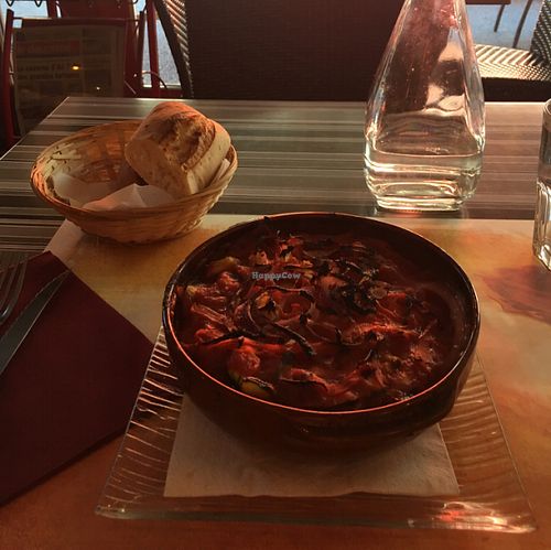 Vegan Pasta with zucchini, capsicum, onions in tomato based sauce at Green Soft Bar in Chamonix-mont-blanc