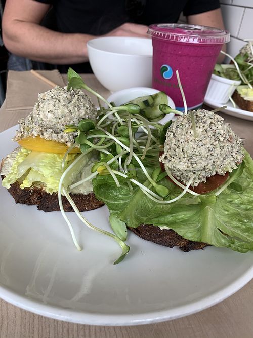 Tuna sandwich and drangonfruit smoothie  at Nourish Cafe - Richmond District in San Francisco