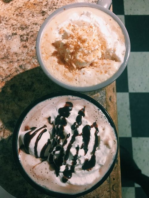 Hot chocolate with vegan marshmallows & a toasted coconut latte made with Kooteney Coffee Organic Espresso  at Naked Cafe in Kelowna