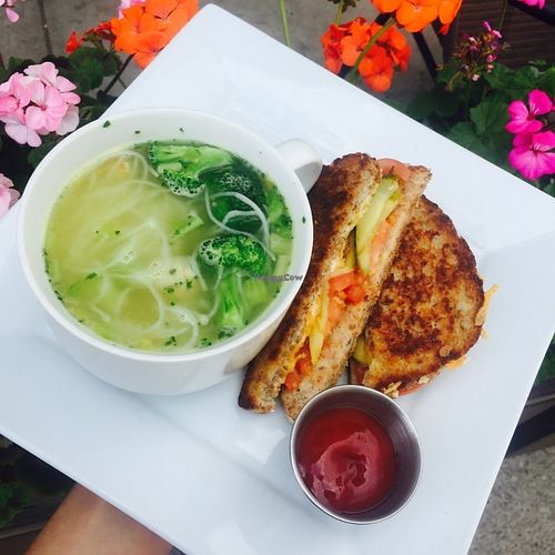 Chikin Noodle Soup & grilled cheez with tomato & pickle at Naked Cafe in Kelowna