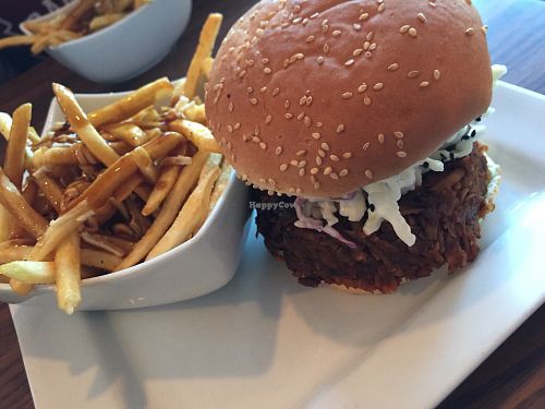 poutine and pulled pork burger at Naked Cafe in Kelowna