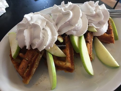 Build your own #vegan waffles! I had pecans cooked in batter with cinnamon, apples and coconut whipped cream. at Tia B's La Waffleria in Albuquerque