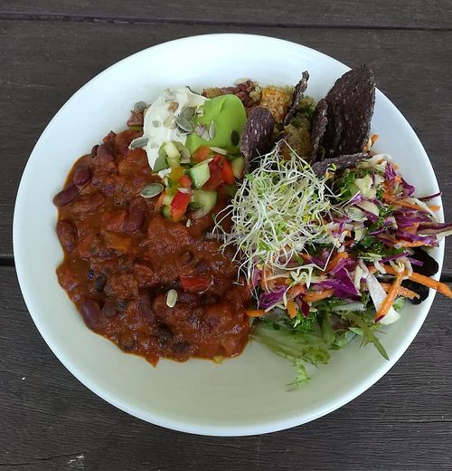 Mexi bowl with corn chips, chilli beans and cashew cream at Food Forest Organics in Greytown