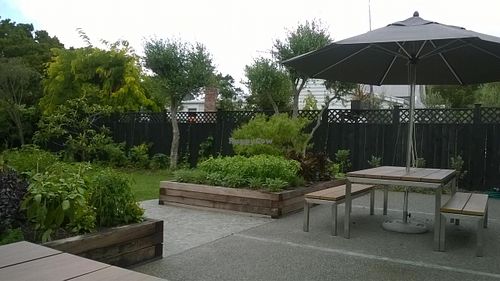 Garden seating at Food Forest Organics in Greytown