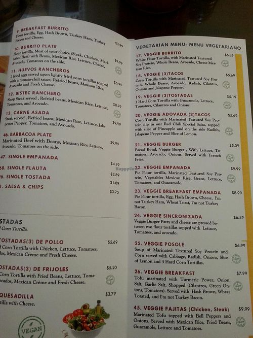 menu marked with vegan stamp at Empanadas Mexican Grill in Albuquerque