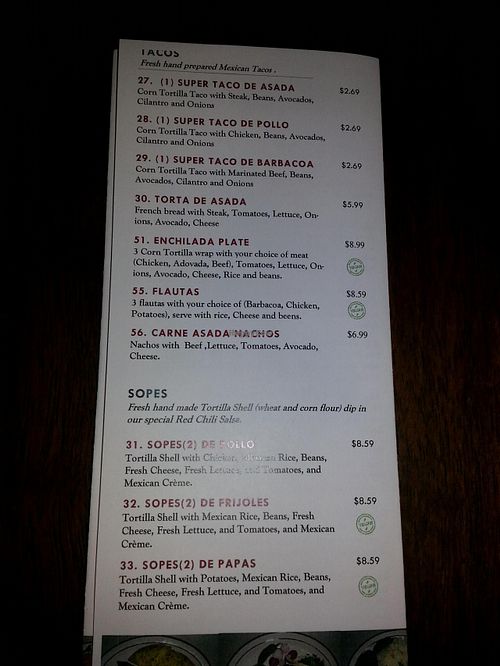 menu marked with vegan stamp at Empanadas Mexican Grill in Albuquerque