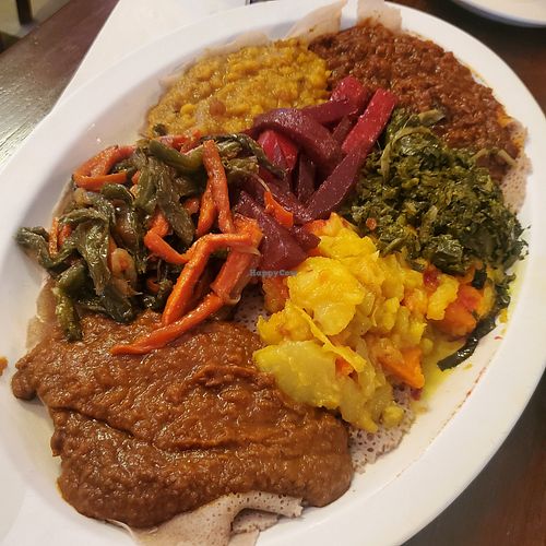 Veggie plate for 2 at Hawi Ethiopian Restaurant in Ithaca
