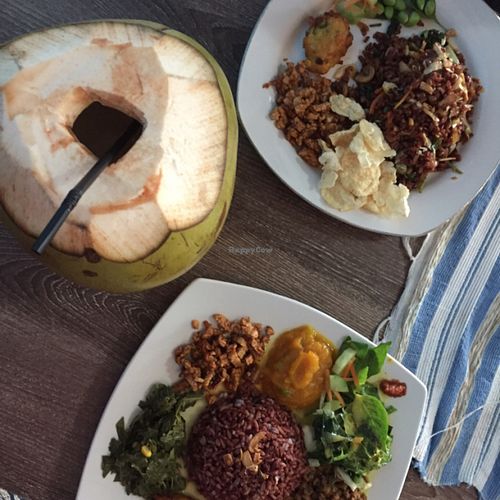 Nasi goren (top) and nasi campur with 7 items  at Wulan Vegetarian Warung in Ubud